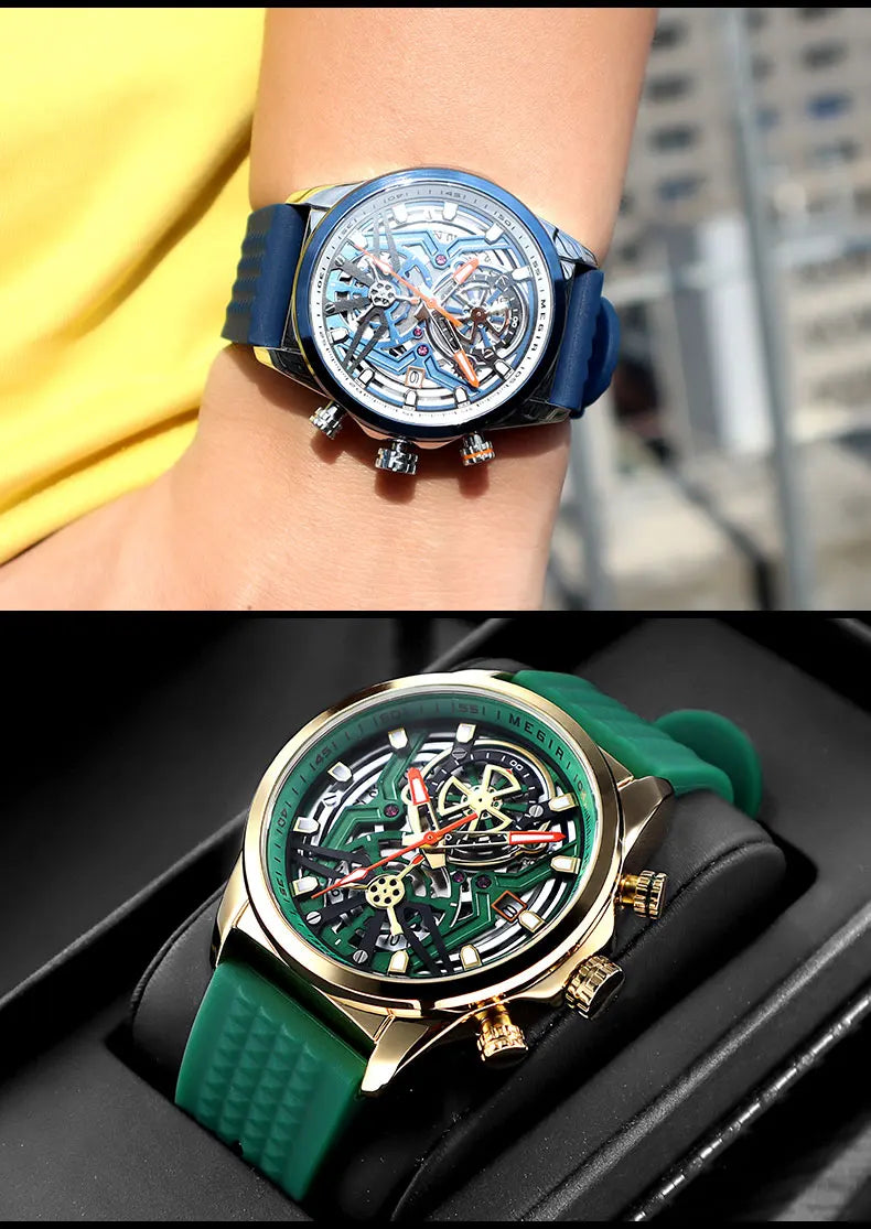 MEGIR Chronograph Quartz Watch Men Fashion Waterproof Yellow Silicone Strap Sport Wristwatch with Luminous Hands Auto Date 2235