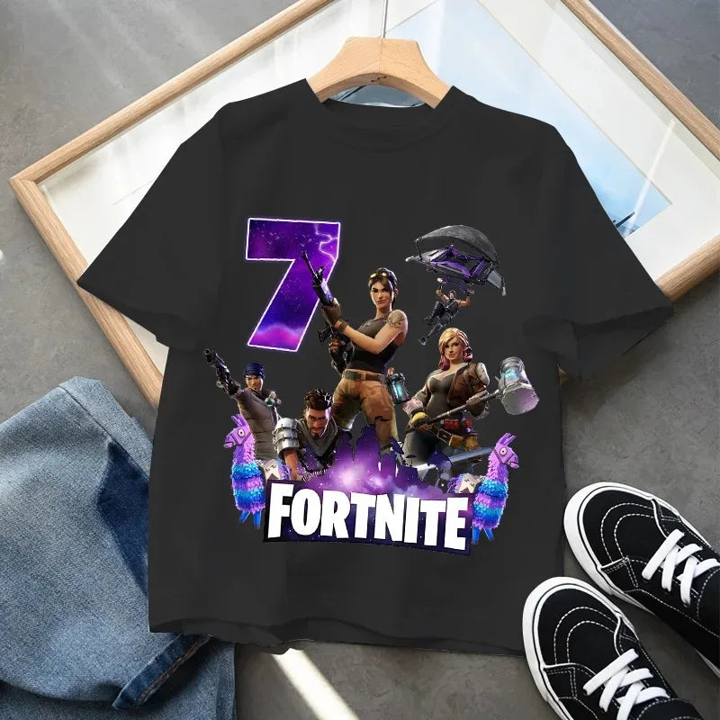 Dziecięca koszulka urodzinowa Fortnites z numerem dla dziewczynek i chłopców, letnia bawełniana koszulka dla niemowląt, imprezowy top z krótkim rękawem, prezent dla malucha