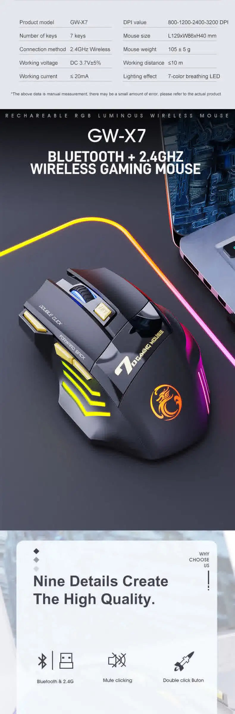 Belaidė Bluetooth pelė, įkraunama kompiuterinė pelė žaidėjams, ergonominė gaming pelė su RGB apšvietimu, tyli pelė PC kompiuteriui