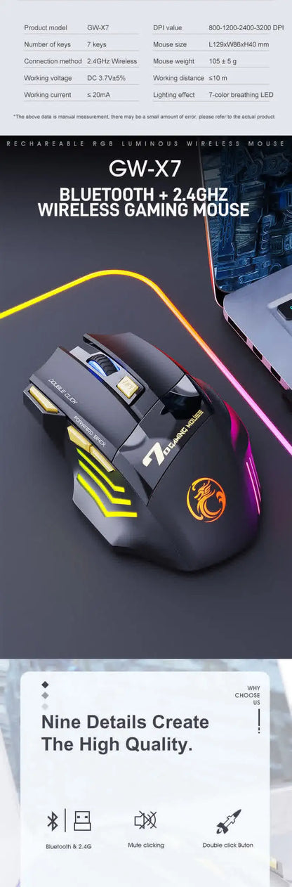 Belaidė Bluetooth pelė, įkraunama kompiuterinė pelė žaidėjams, ergonominė gaming pelė su RGB apšvietimu, tyli pelė PC kompiuteriui