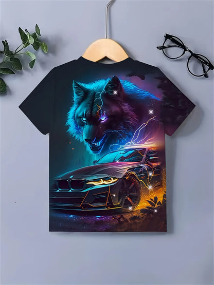 Children's Clothing Boys Tshirt Short Sleeve Cool 3D Wolf Print Kids Summer Clothes Stylish Streetwear Round Neck Girl Clothes﻿