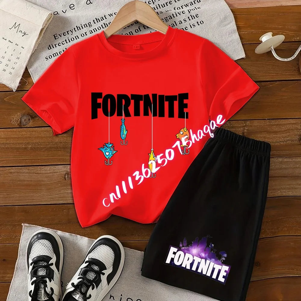 Summer FortnitesT-shirt Shorts for Boys Girl Tee Pants Set 2pcs Children Clothing Tops T-shirts Fortress Night Print Tees Gift