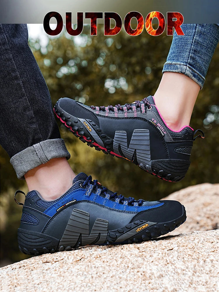Sapatos de montanhismo para homem em couro genuíno, calçado desportivo outdoor antiderrapante, sapatos de montanhismo e caminhada respiráveis para turismo