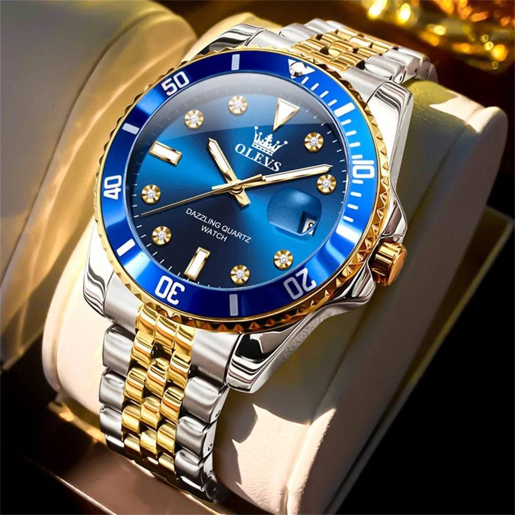 Orologio da uomo OLEVS – Orologio di lusso, stile professionale, impermeabile, con datario, lancette luminescenti, cassa in acciaio inossidabile e quadrante blu – Orologio al quarzo