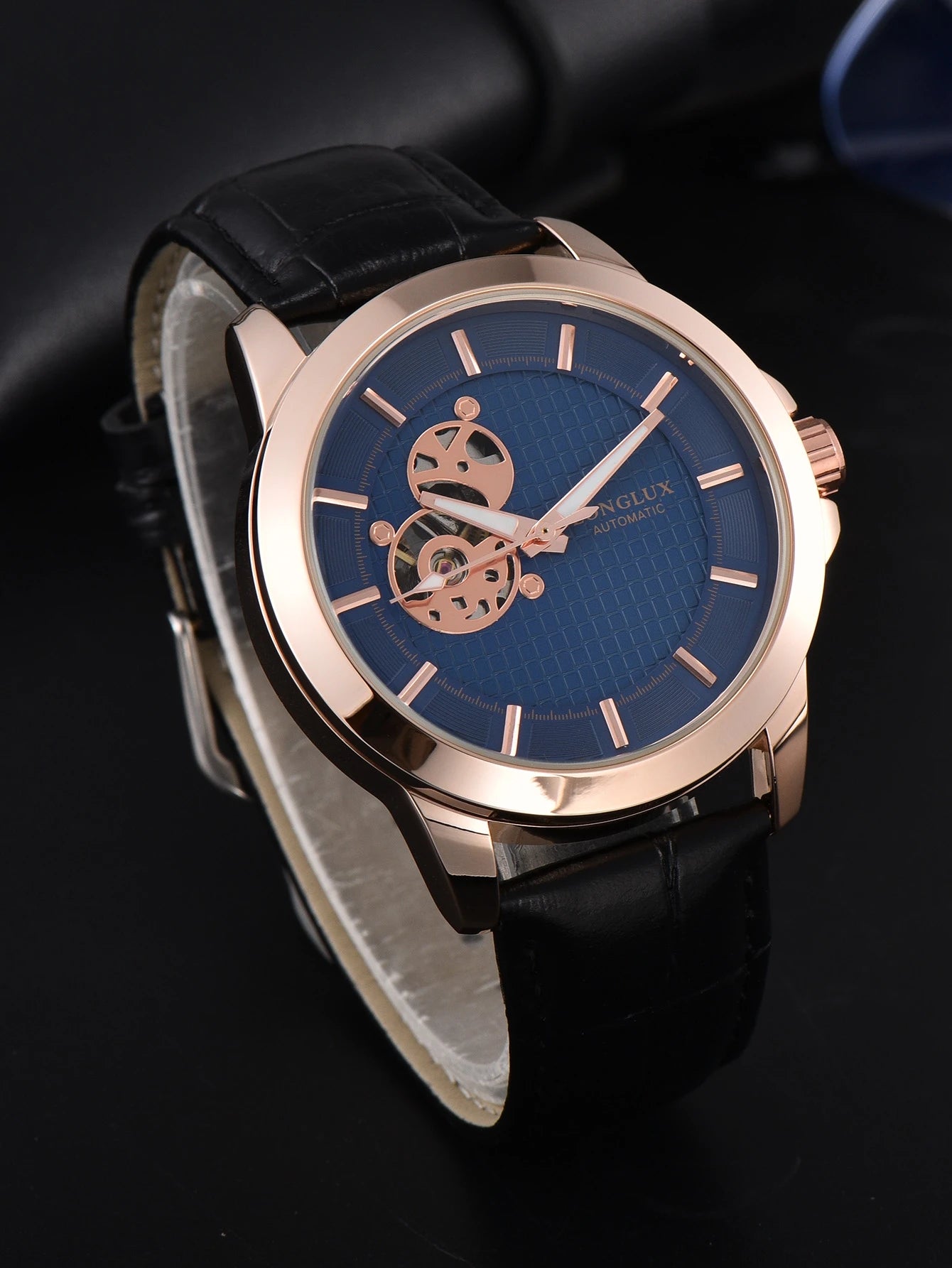 Automatic Watch Minimalist Elegant Everyday Skeleton Waterproof Mechanical Watches Rose Gold Leather Mens Watch Men Gift for Him