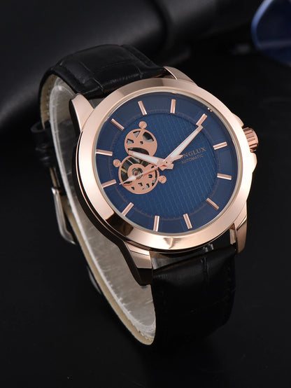 Automatic Watch Minimalist Elegant Everyday Skeleton Waterproof Mechanical Watches Rose Gold Leather Mens Watch Men Gift for Him