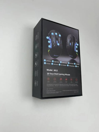 MKESPN W12 10-Tasten-Makro-Gaming-Maus, beidhändig, kabellos, Bluetooth, Mehrkanal, Tri-Mode, großes RGB, ergonomisch, beidhändig