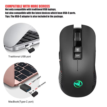 Wiederaufladbare kabellose USB-Maus für Rechtshänder, Type-C-Maus für Laptop und Computer, leiser Klick, hintergrundbeleuchtete Gaming-Maus, 3600cpi