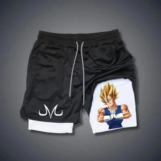 Dragon Ball Summer Men's Double Shorts Vegeta Japanese Anime Fake Two-piece 2-in-1 Fitness Sports Shorts Quick-Drying Y2K Pants