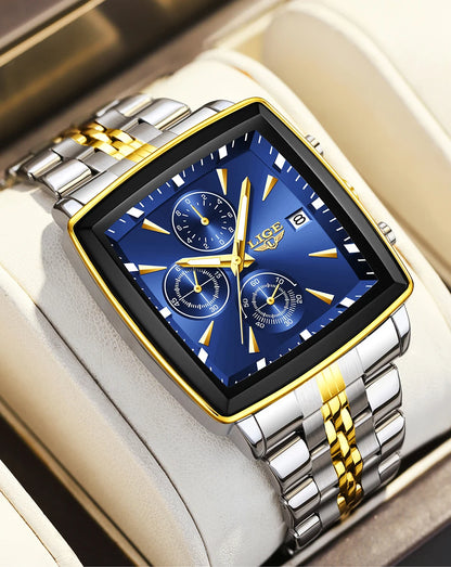 LIGE luxe herenhorloges, vierkant model, klassieke en trendy stijl, van roestvrij staal, waterdicht, sportief en casual, met quartz uurwerk.