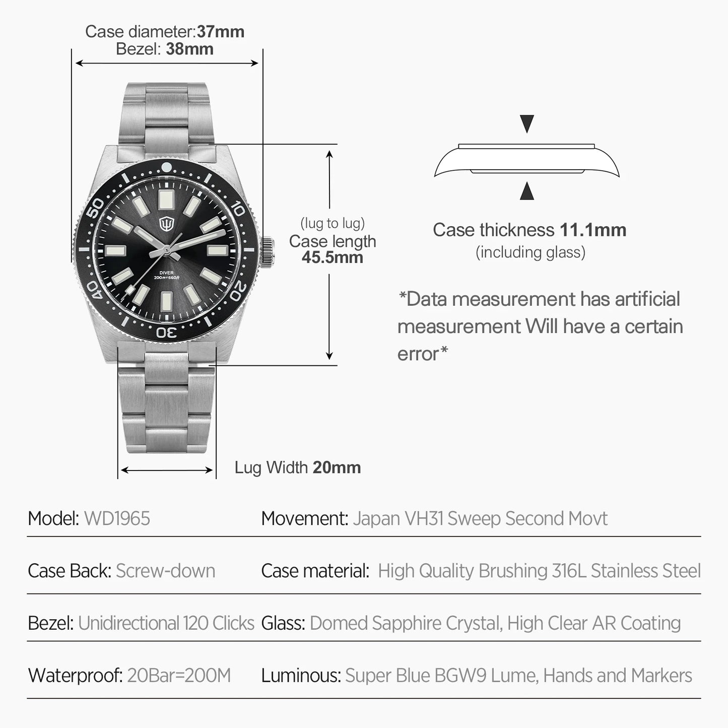 Watchdives Wd1965 V2 Fashion Quartz Wristwatches Vh31 Sapphire Man Watches Luxury Stainless Steel 200M Waterproof Diver Watch
