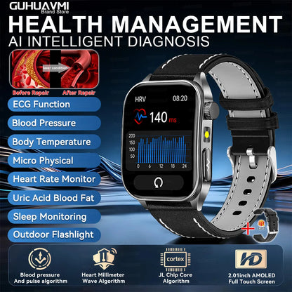 2026 New 650nm Laser Therapy Blood Fat Uric Acid Blood Pressure Smart Watch ECG+PPG Precise Health Monitor Smartwatches For Men