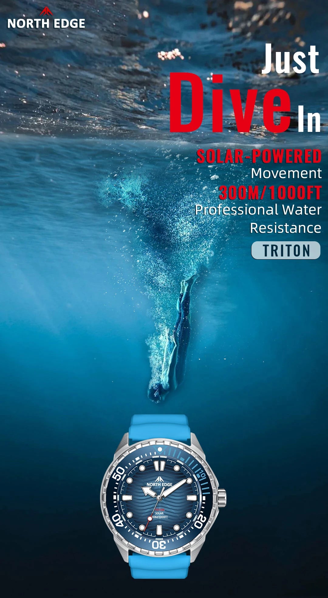 2025 New  NORTH EDGE TRITON Solar Powered Dive Watch Men Luxury Quartz Watches For Men 316L Stainless Steel Case Waterproof 300M
