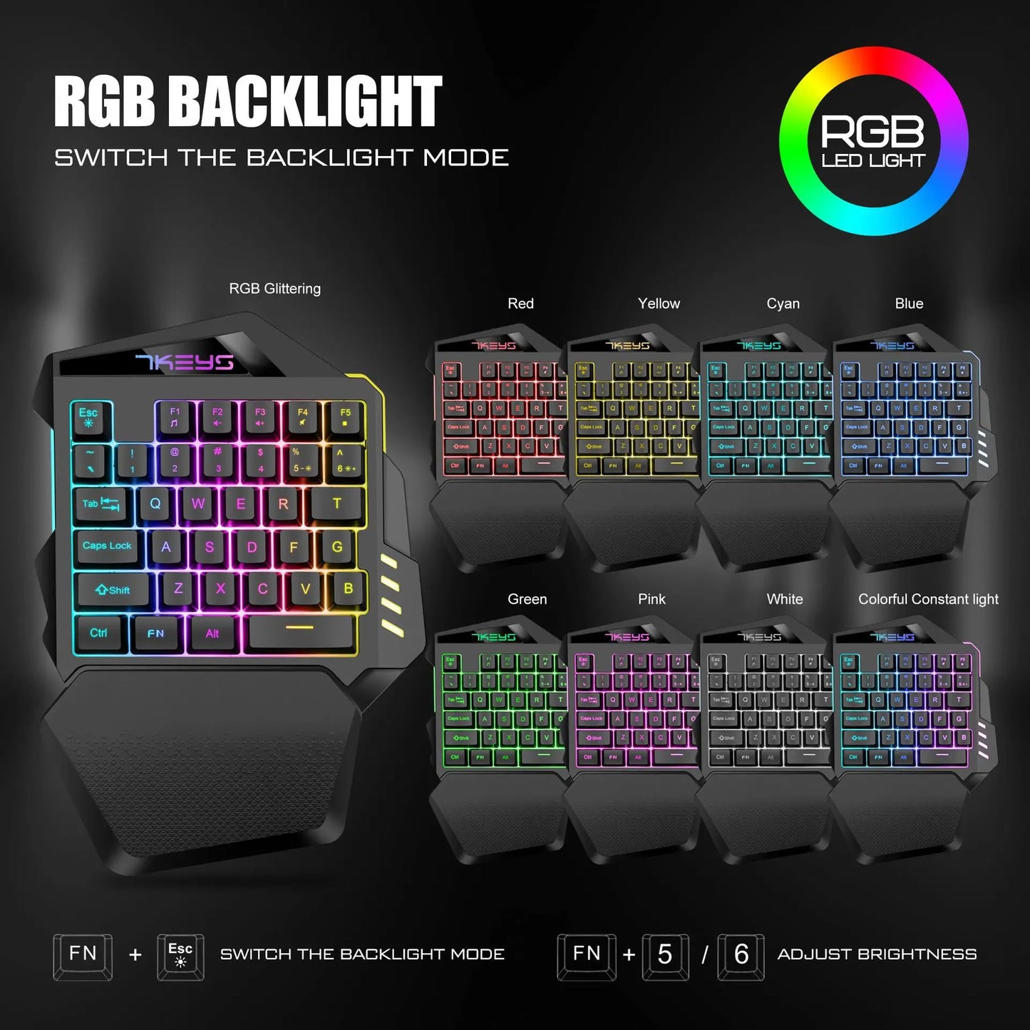 Teclado gaming de una mano, modelo con carga inalámbrica 2.4G, RGB luminoso, para la mano izquierda