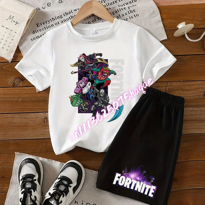 Summer FortnitesT-shirt Shorts for Boys Girl Tee Pants Set 2pcs Children Clothing Tops T-shirts Fortress Night Print Tees Gift