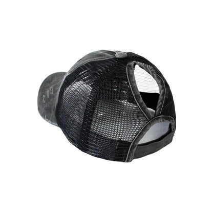 1pc Vintage Ponytail Mesh Baseball Cap,Adjustable Outdoor Sun Protection Washed Distress Trucker Hat,Suitable for Spring/Autumn