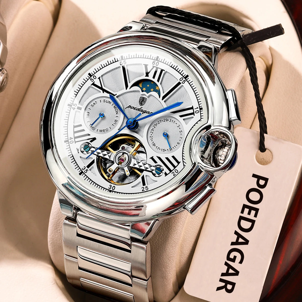 Relógio de homem POEDAGAR, estilo luxuoso e profissional, com indicação da data e do dia, turbilhão, caixa em aço inoxidável, movimento mecânico automático e resistência à água.