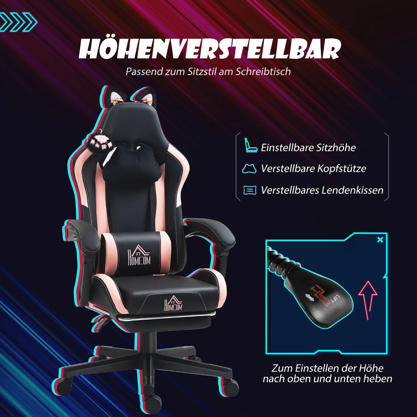 Gaming chair with cat ears, tiltable backrest, retractable footrest, maximum load capacity 120kg, gaming chair, office chair,