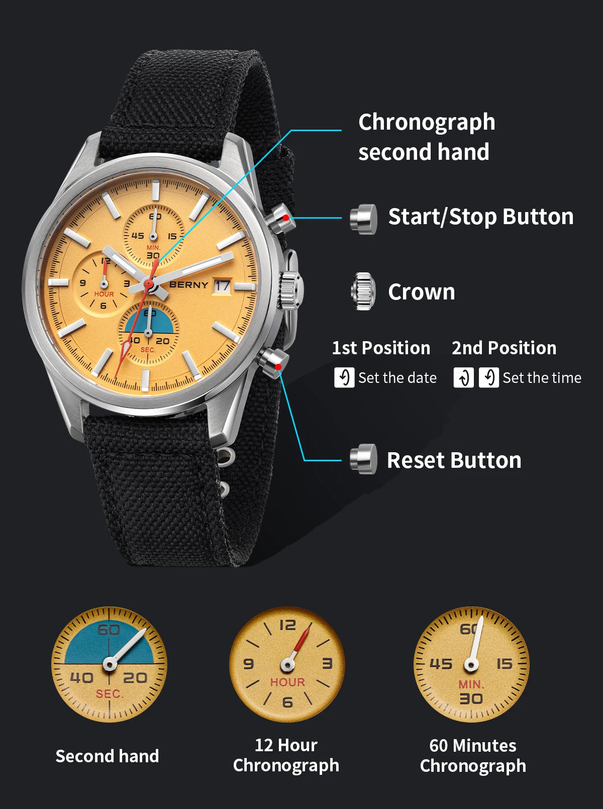 BERNY Chronograph Quartz Men Watch Luminous Miyota OS10 Top Luxury AR Coated Sapphire 5ATM Waterproof 2026 Sports Men’s Watches
