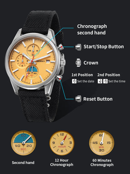 BERNY Chronograph Quartz Men Watch Luminous Miyota OS10 Top Luxury AR Coated Sapphire 5ATM Waterproof 2026 Sports Men’s Watches