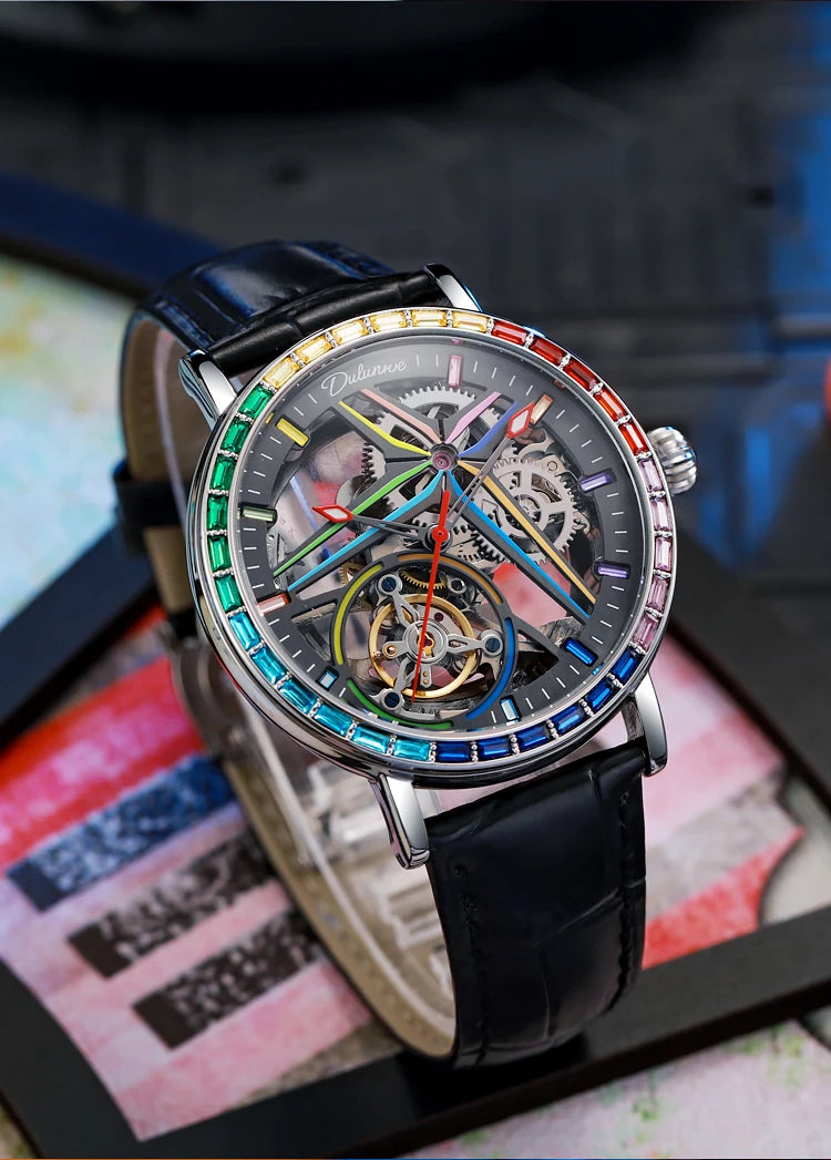 Reloj esqueleto para hombre, de estilo moderno, adornado con piedras preciosas de los colores del arcoíris y dotado de un tourbillon; reloj mecánico automático de lujo, hermético hasta 30 metros.