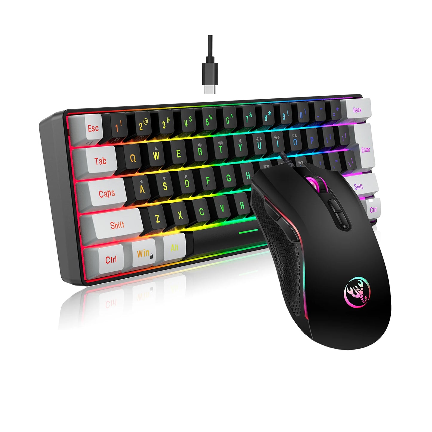 HXSJ USB Computer Keyboard and Mouse Kit with 61-Key Wired RGB Backlight Wired Gaming Mouse Colorful LED Lighting for PC Laptop