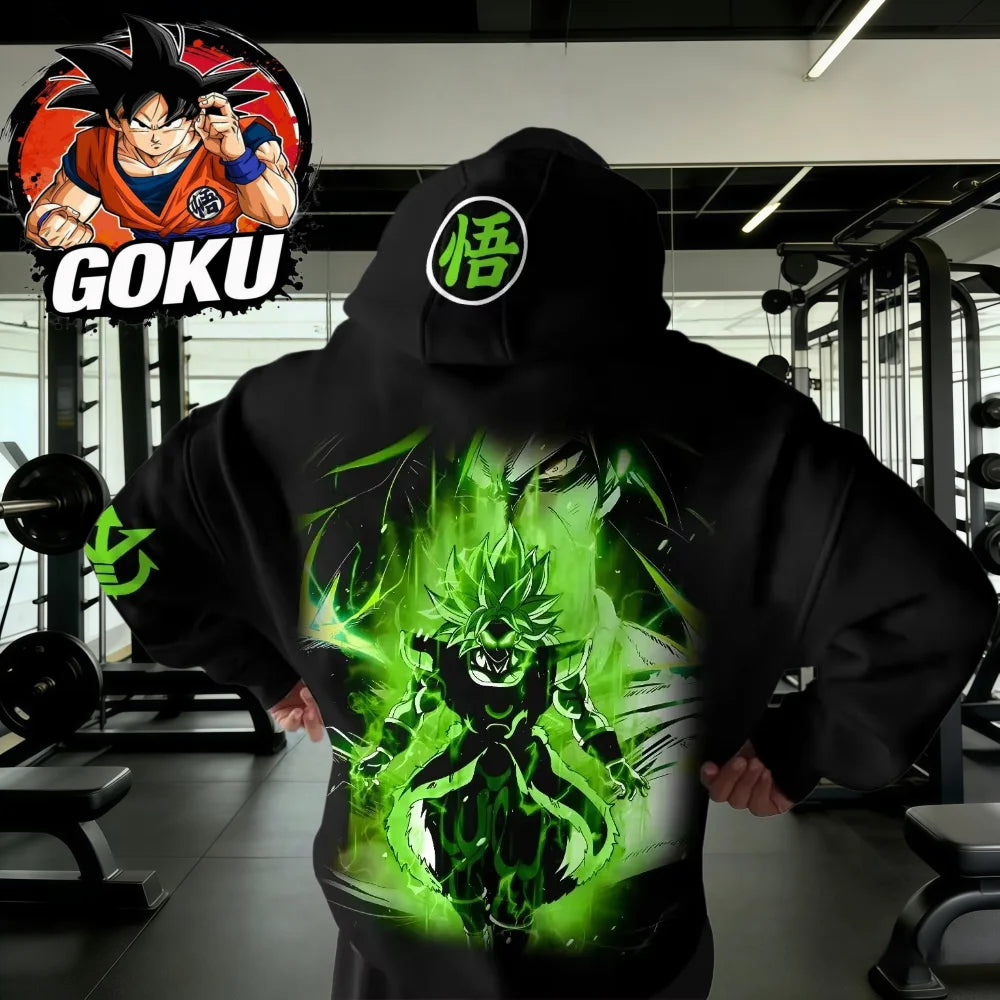 2026 Autumn Winter Dragon Ball Retro Gym Hoodie 100% Cotton Broly Green Print Oversized Fitness Streetwear for Men Women