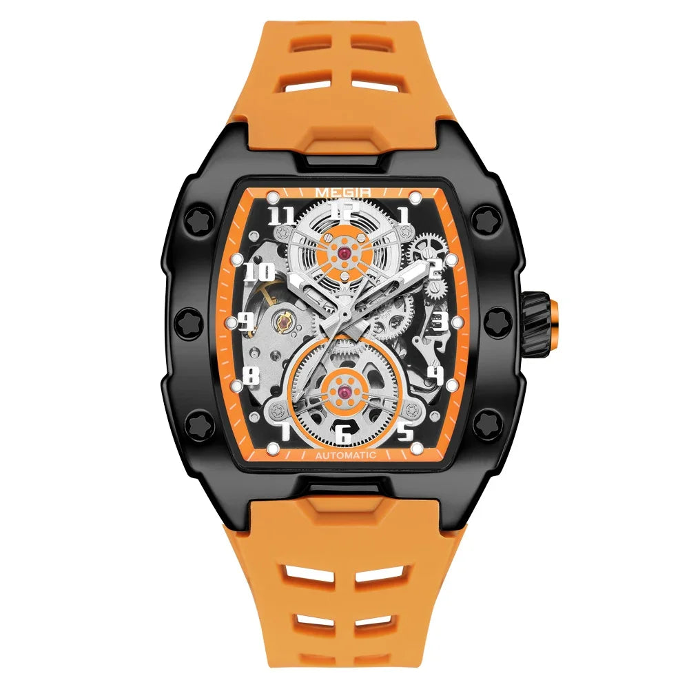 MEGIR Fashion Sport Alloy Case Men Mechanics Watch Waterproof Silicone Band Barrel Shaped Dial Luminous Pointer Man Wristwatches