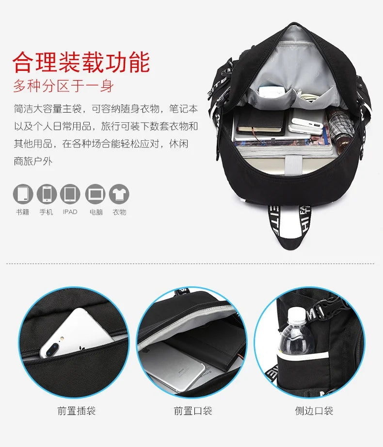 Zaino Fortnites di grande capacità, borsa casual a tracolla con porta USB, unisex, stile anime, cartella per studenti, nuovo regalo di cancelleria elegante