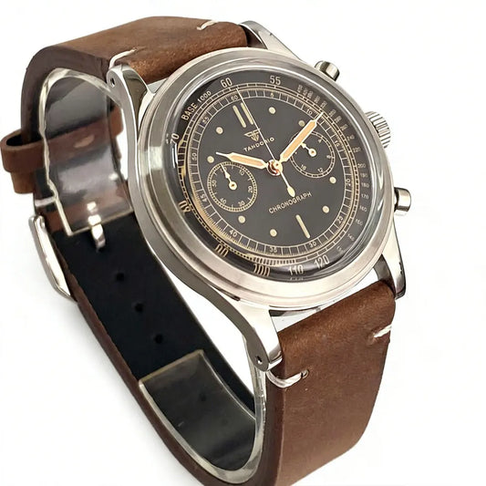 Tandorio New 38mm Domed Glass Stainless Steel Black Quartz Vintage Watch For Miyota OS20 Chronograph Sport Clock For Men Lume