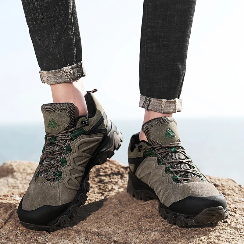 HIKEUP High-Quality Leather Hiking Shoes, Durable Outdoor Sport Men Trekking Leather Shoes, Lace-Up Climbing Hunting Sneakers