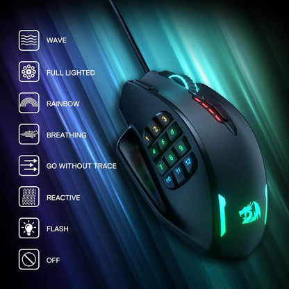 Mouse Gaming Cablato USB Redragon M908 con Retroilluminazione LED RGB, 18 Pulsanti Programmabili, 12400 DPI