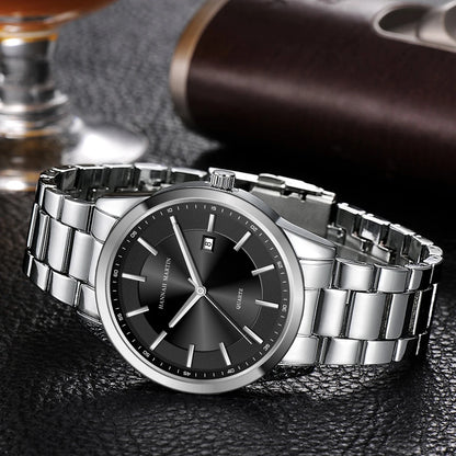 Kvarčna ura HANNAH MARTIN, 40 mm, za moške, črna zapestnica iz nerjavečega jekla, vodotesna do 3 barov, športno-eleganten stil