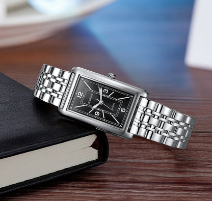 BERNY square men’s watch – Quartz movement, Roman numeral dial, luminescent display, 316L stainless steel case – An elegant and casual rectangular watch