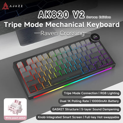 AJAZZ AK820 V2 / AK820 V2 Pro Gaming Mechanical Keyboard 75% ABS 82 Keys 10000mAh Wireless Tri-mode Gamer Keyboard for Laptop PC