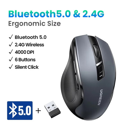 Mouse wireless UGREEN Bluetooth 5.0 ergonomico 4000DPI con 6 pulsanti silenziosi per MacBook, tablet, laptop, computer e PC, mouse 2.4G