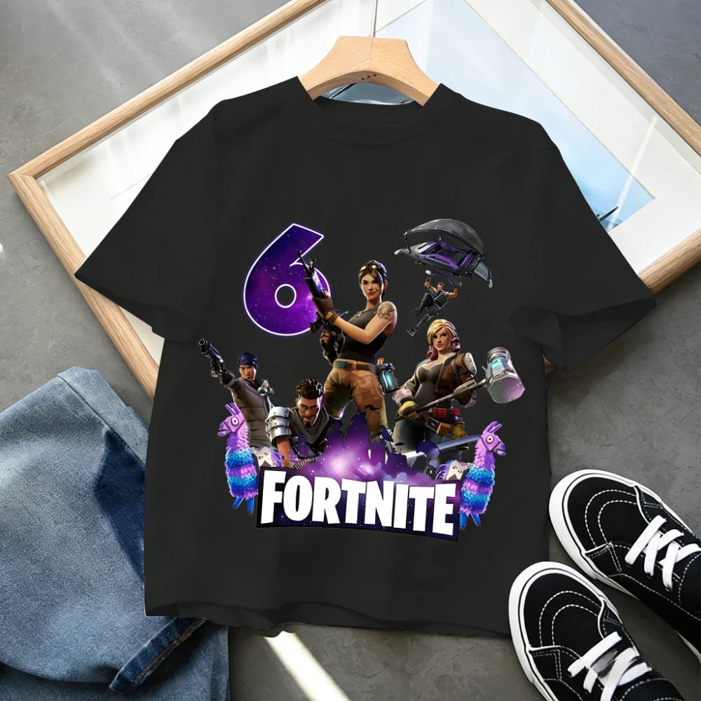 Dziecięca koszulka urodzinowa Fortnites z numerem dla dziewczynek i chłopców, letnia bawełniana koszulka dla niemowląt, imprezowy top z krótkim rękawem, prezent dla malucha