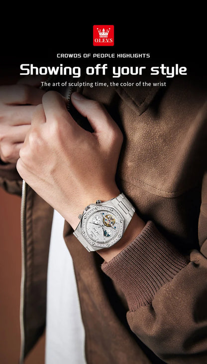 OLEVS 9805 Skeleton Automatic Man Watch Luxury Fashion Matte Texture Full Diamond Moon Phase Waterproof Mechanical Wristwatches