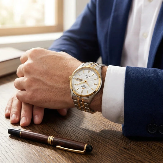 Relógio mecânico automático para homem da Orient, com calendário duplo (data e dia da semana), índices em cristal e bracelete em aço inoxidável – Relógio de pulso de estilo profissional