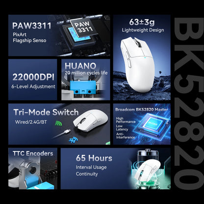 ATTACK SHARK X11 žaidimų pelė ir X11 SE belaidė pelė, 22000 DPI, PAW3311 jutiklis, BT/2.4G/laidinė, lengva 59g, 2000W paspaudimų