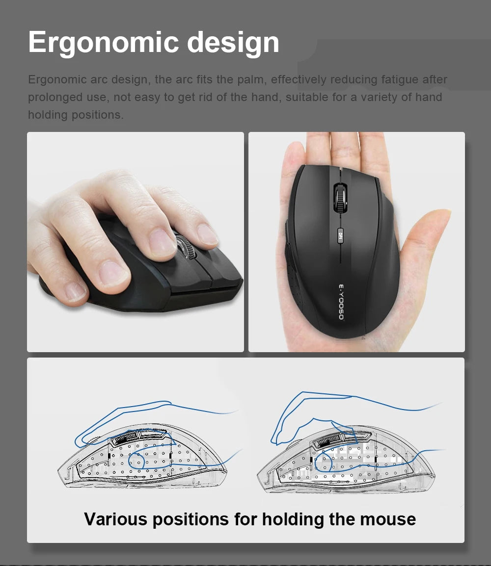 E-YOOSO E-1010 Ratón gaming inalámbrico USB 2.4G, óptico 2400 DPI, ergonómico para oficina, portátil y PC