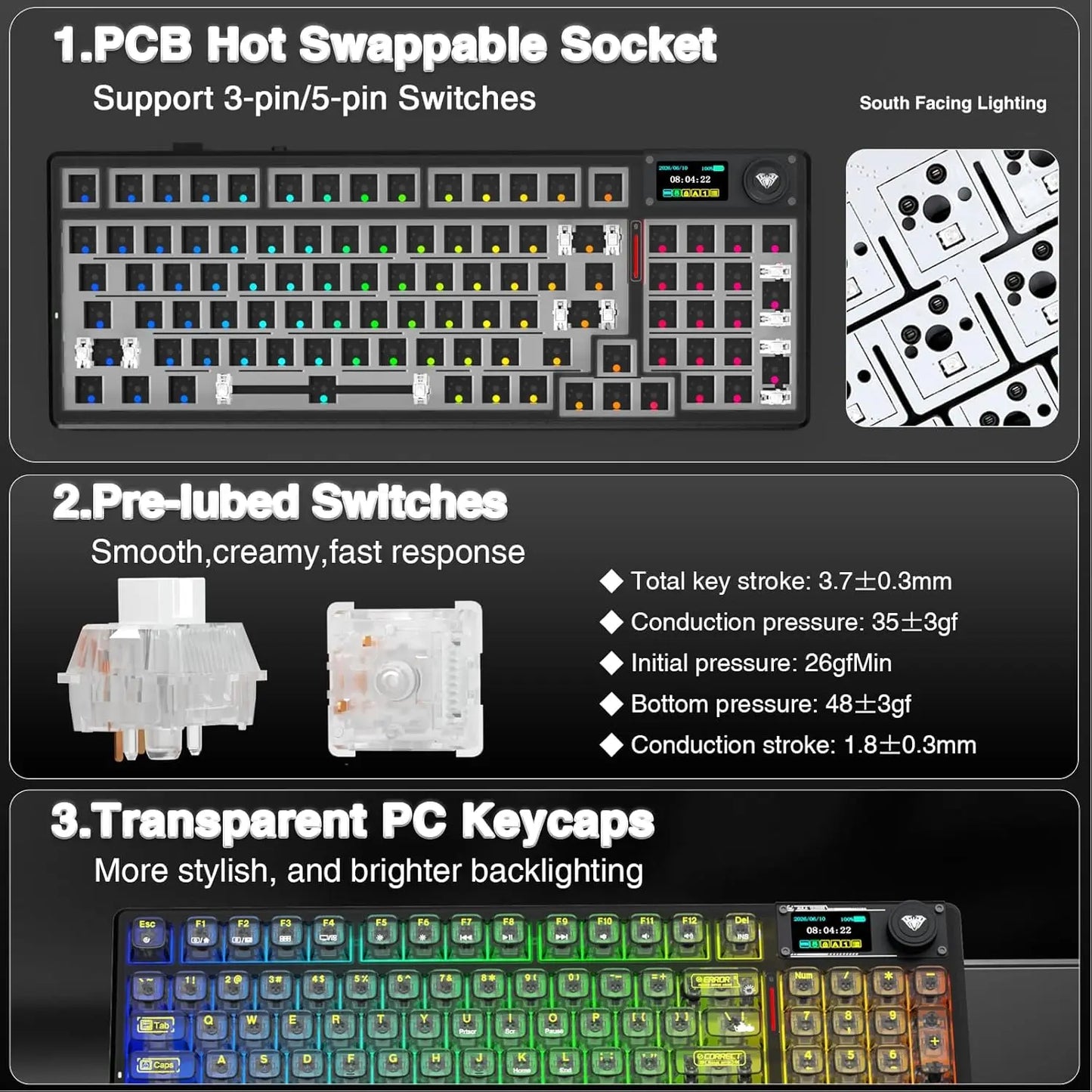 AULA F98Pro V3 Mechanical Keyboard 3-mode Wireless Bluetooth Hot-swap E-sports Customized Transparent Keycaps RGB Game Keyboards
