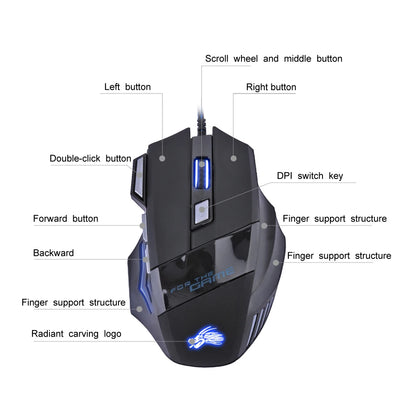 Kabelgebundene Gaming-Maus mit 7-Farben-Hintergrundbeleuchtung, 5500 DPI einstellbar, schwarz, optische kabelgebundene Computer-Gaming-Maus für PC-Gamer und Desktop-Computer