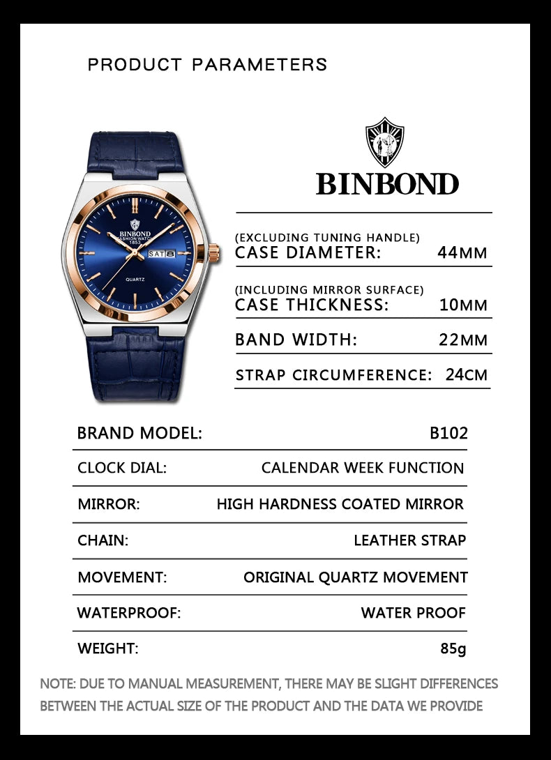 BINBOND Luxury leather strap quartz wristwatches precise luminous waterproof auto date week display durable men's watch reloj