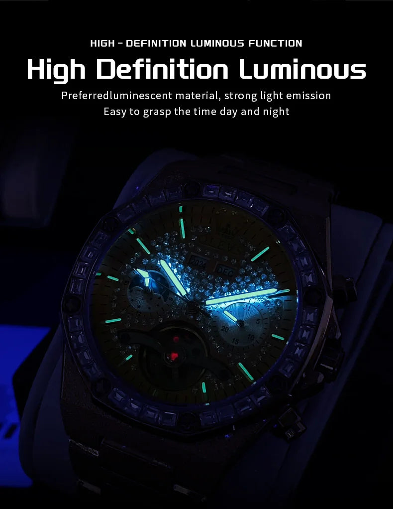 OLEVS 9805 Skeleton Automatic Man Watch Luxury Fashion Matte Texture Full Diamond Moon Phase Waterproof Mechanical Wristwatches