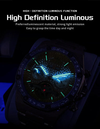 OLEVS 9805 Skeleton Automatic Man Watch Luxury Fashion Matte Texture Full Diamond Moon Phase Waterproof Mechanical Wristwatches