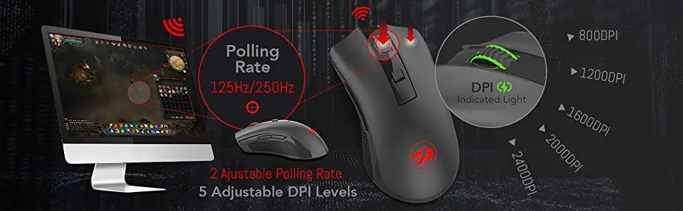 Redragon M652 оптична безжична мишка 2.4G с USB приемник, преносима мишка за гейминг и офис, 5 регулируеми нива на DPI