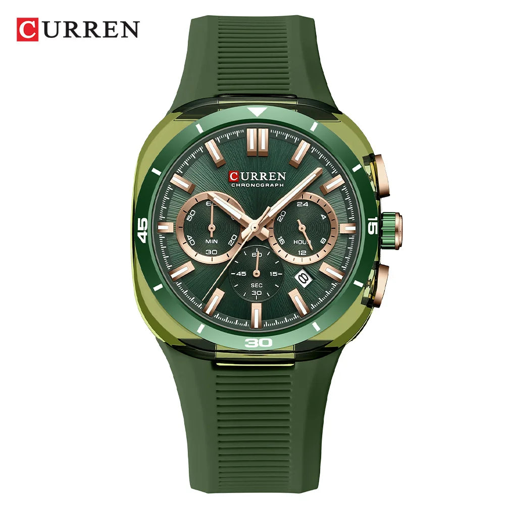 Reloj para hombre CURREN: nuevo modelo de lujo con mecanismo de cuarzo, correa de silicona, estilo deportivo, multifunción, resistente al agua, luminiscente, con indicador de fecha y cronómetro.