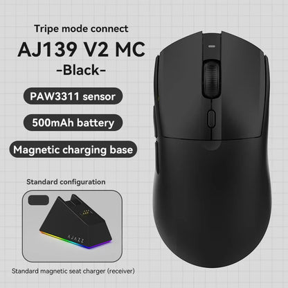 Ratón gaming inalámbrico AJAZZ AJ139 V2 MC/AJ139 PRO con sensor PAW3311/PAW3395, 12000DPI/26000DPI, 500mAh, Bluetooth, para PC