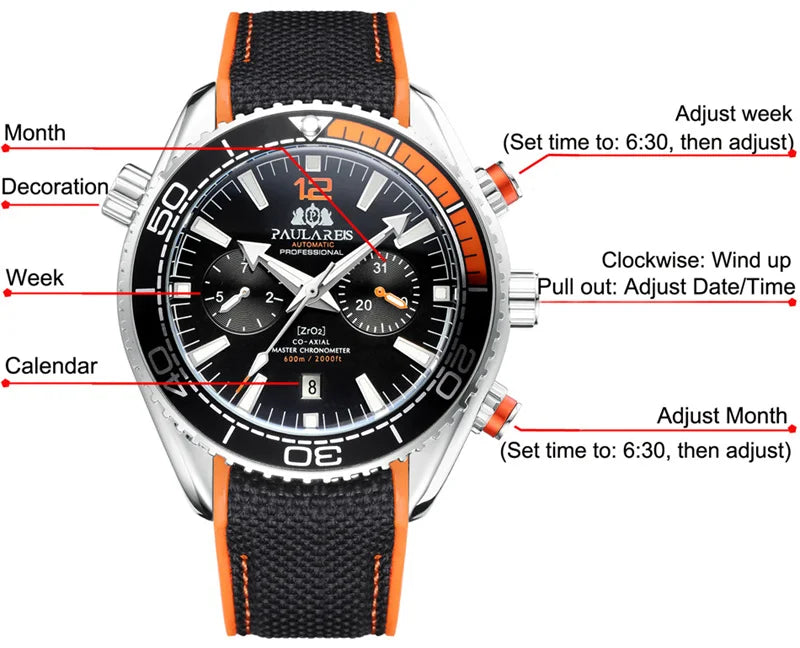 Classic Luxury Men Automatic Watch Multifunction Mechanical Wristwatch Rubber Strap Waterproof Week Date Watches Reloj Hombre